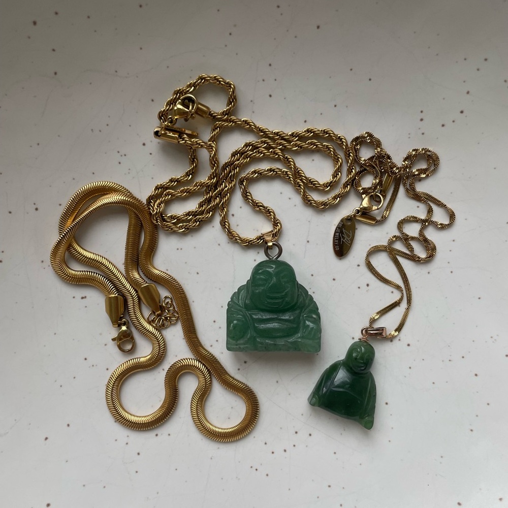 JADE l Natural Nephrite Jade lucky Buddha Pendents for couples gold-plated chain